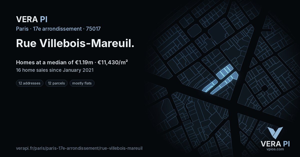 Rue Villebois-Mareuil, 17e arrondissement at night – every parcel coloured by the prices around it, the street's own parcels lit