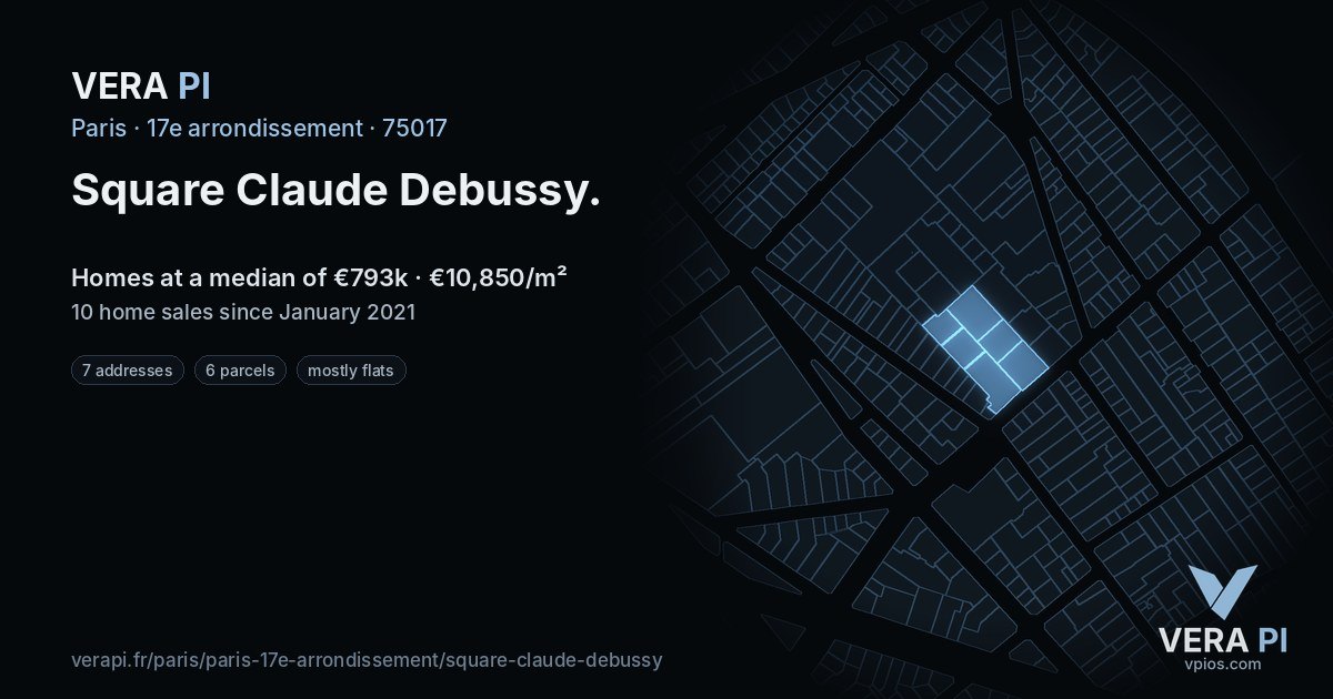 Square Claude Debussy, 17e arrondissement at night – every parcel coloured by the prices around it, the street's own parcels lit