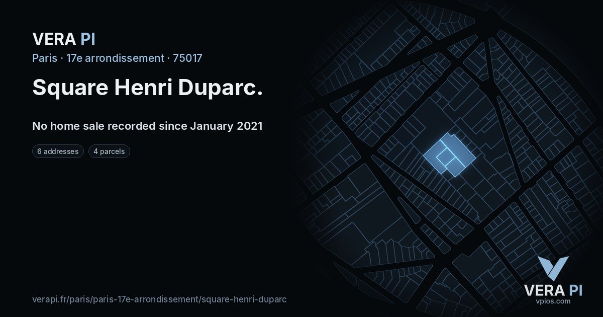 Square Henri Duparc, 17e arrondissement at night – every parcel coloured by the prices around it, the street's own parcels lit