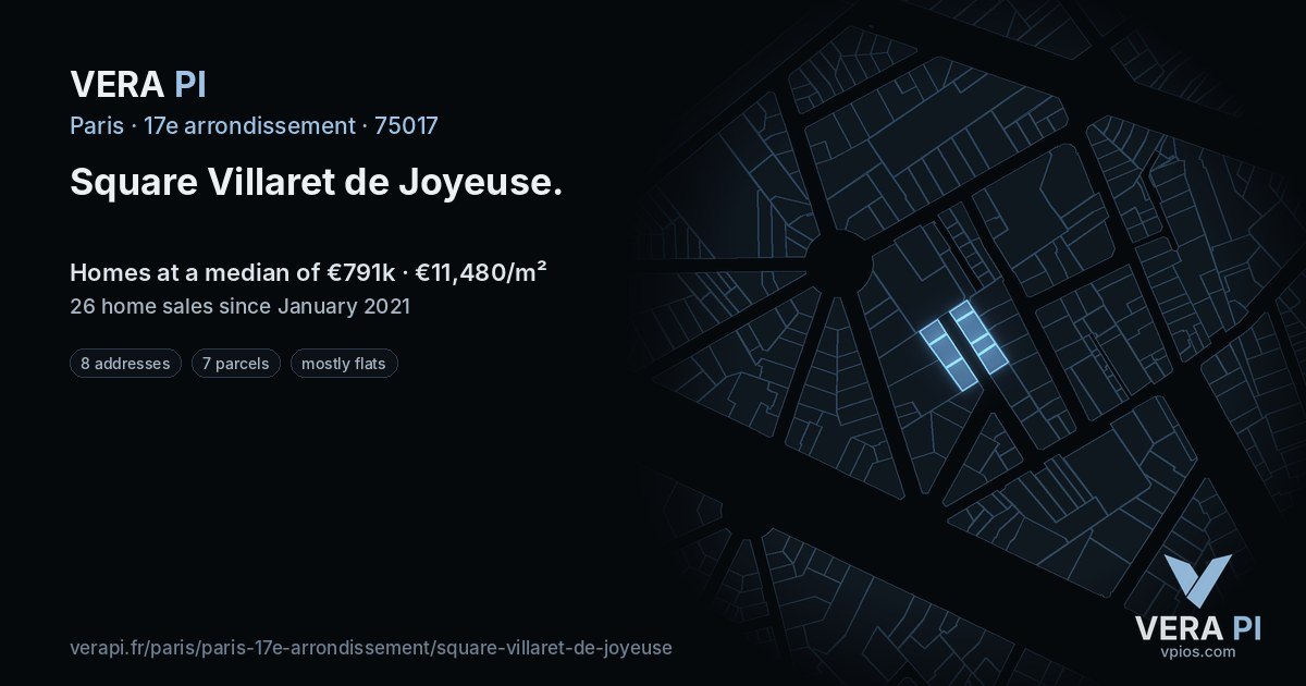 Square Villaret de Joyeuse, 17e arrondissement at night – every parcel coloured by the prices around it, the street's own parcels lit