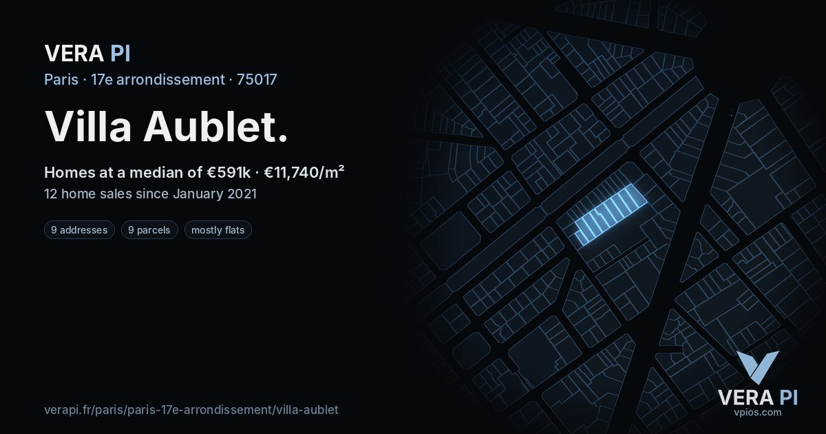 Villa Aublet, 17e arrondissement at night – every parcel coloured by the prices around it, the street's own parcels lit