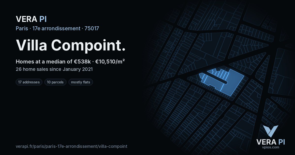 Villa Compoint, 17e arrondissement at night – every parcel coloured by the prices around it, the street's own parcels lit