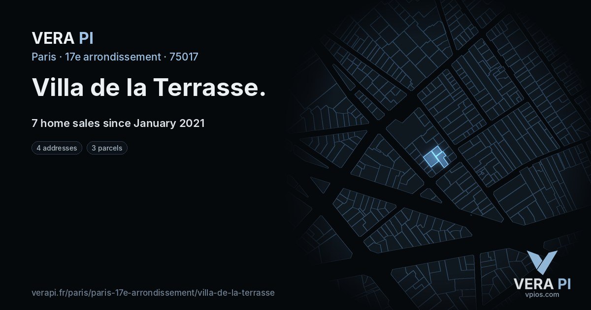 Villa de la Terrasse, 17e arrondissement at night – every parcel coloured by the prices around it, the street's own parcels lit