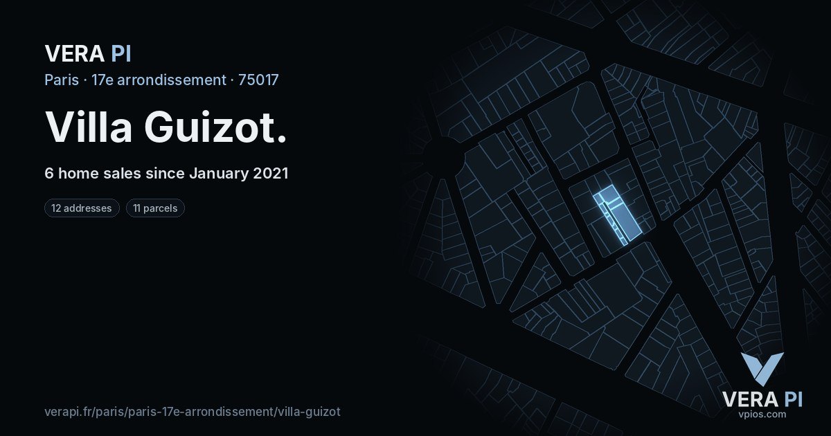 Villa Guizot, 17e arrondissement at night – every parcel coloured by the prices around it, the street's own parcels lit