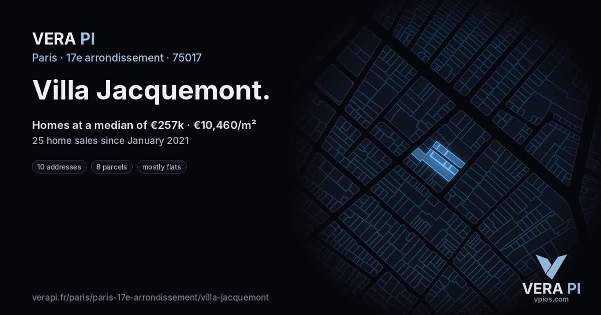 Villa Jacquemont, 17e arrondissement at night – every parcel coloured by the prices around it, the street's own parcels lit
