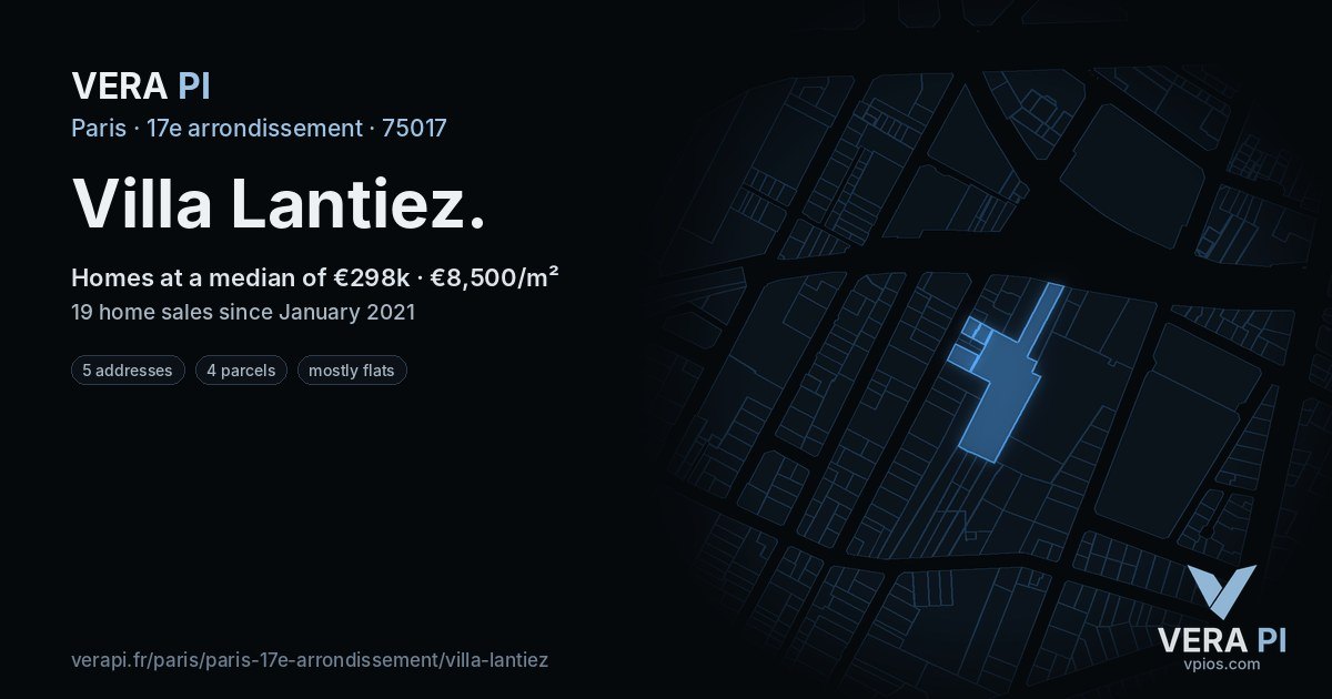 Villa Lantiez, 17e arrondissement at night – every parcel coloured by the prices around it, the street's own parcels lit