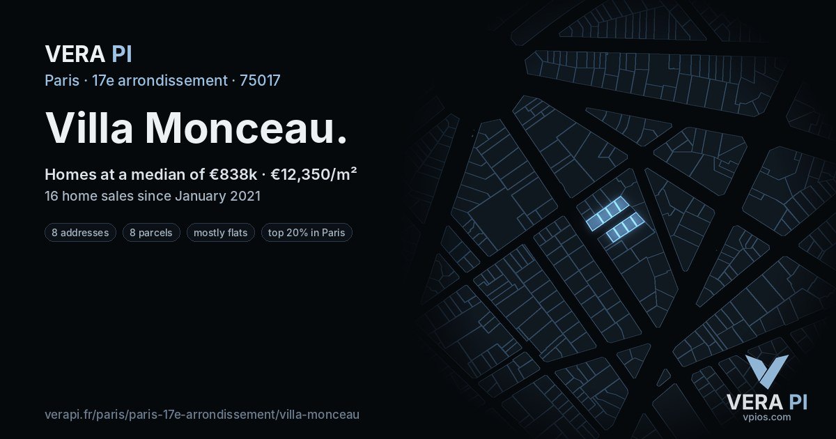 Villa Monceau, 17e arrondissement at night – every parcel coloured by the prices around it, the street's own parcels lit