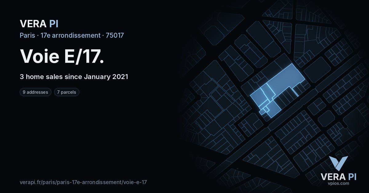 Voie E/17, 17e arrondissement at night – every parcel coloured by the prices around it, the street's own parcels lit