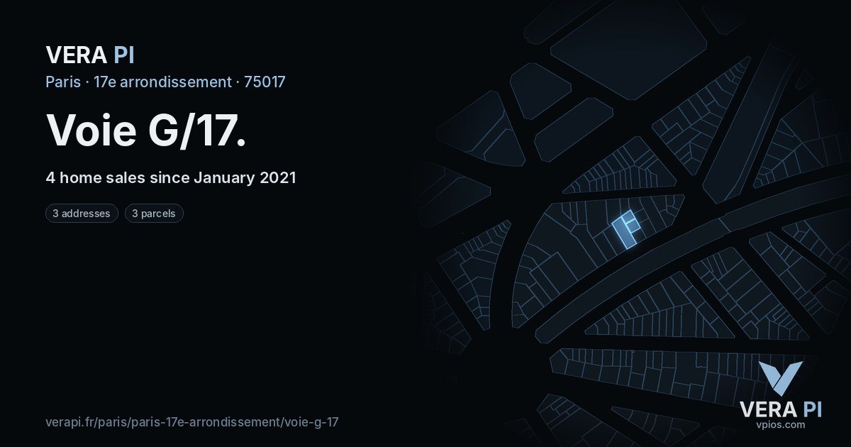 Voie G/17, 17e arrondissement at night – every parcel coloured by the prices around it, the street's own parcels lit