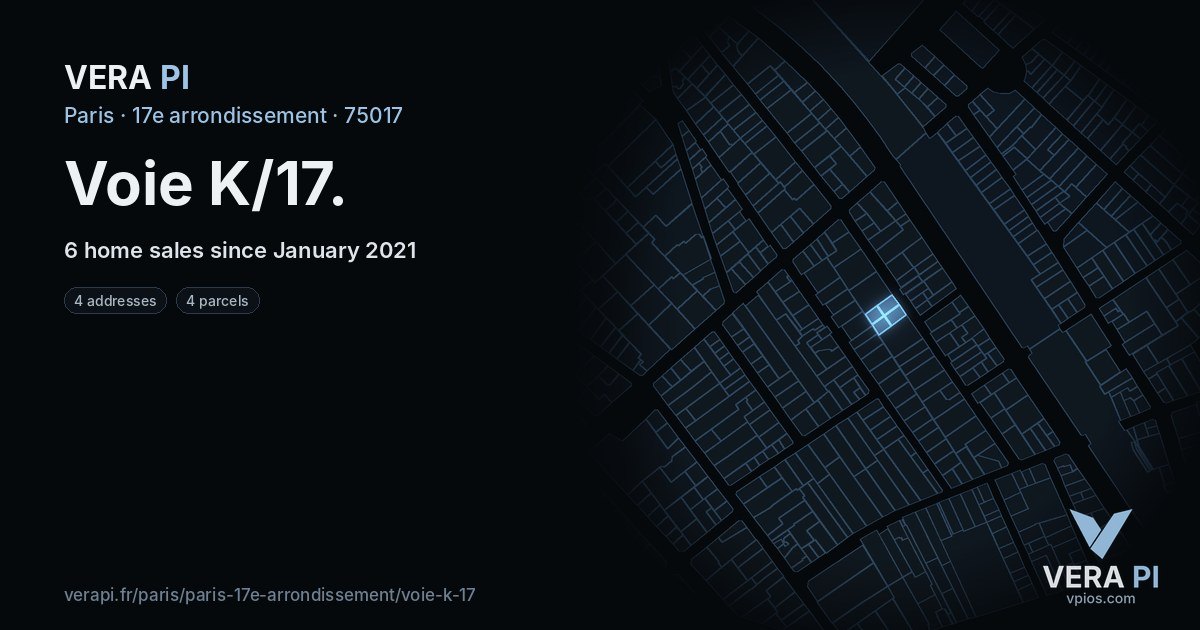 Voie K/17, 17e arrondissement at night – every parcel coloured by the prices around it, the street's own parcels lit