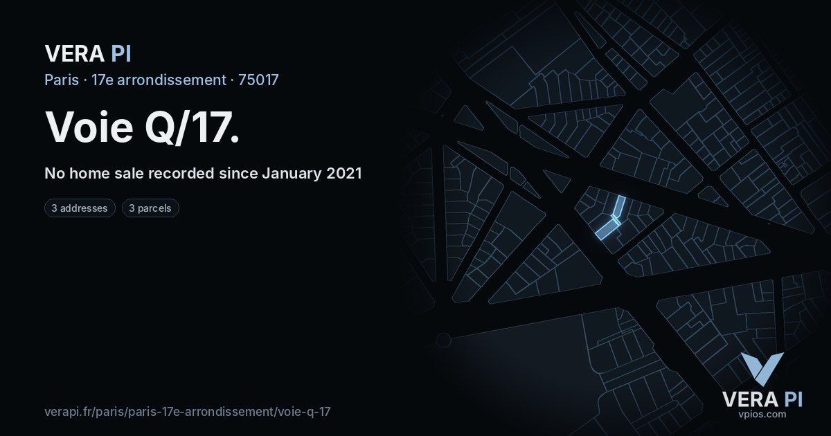 Voie Q/17, 17e arrondissement at night – every parcel coloured by the prices around it, the street's own parcels lit
