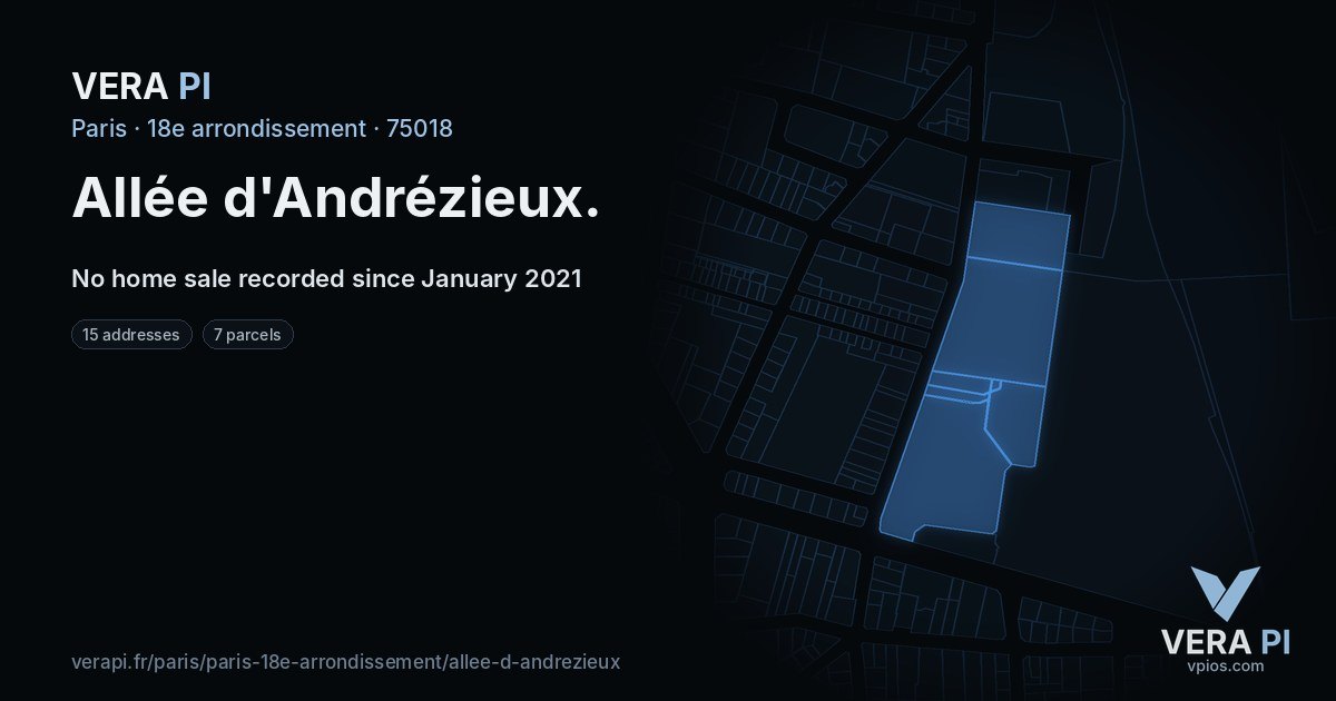 Allée d'Andrézieux, 18e arrondissement at night – every parcel coloured by the prices around it, the street's own parcels lit