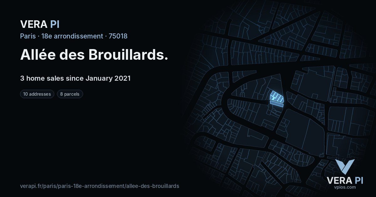 Allée des Brouillards, 18e arrondissement at night – every parcel coloured by the prices around it, the street's own parcels lit