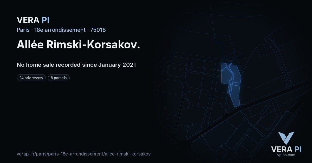 Allée Rimski-Korsakov, 18e arrondissement at night – every parcel coloured by the prices around it, the street's own parcels lit