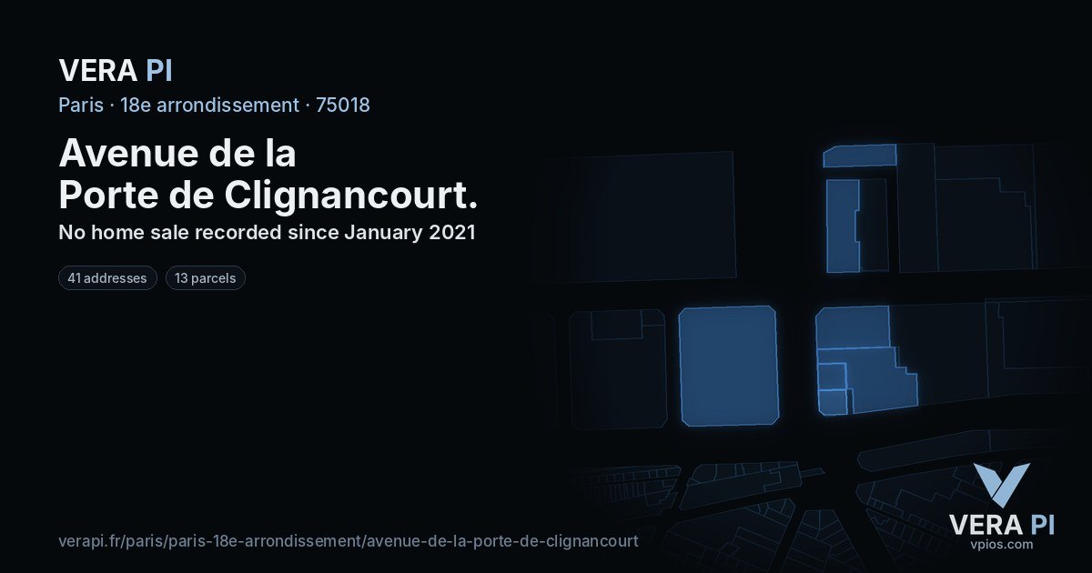 Avenue de la Porte de Clignancourt, 18e arrondissement at night – every parcel coloured by the prices around it, the street's own parcels lit