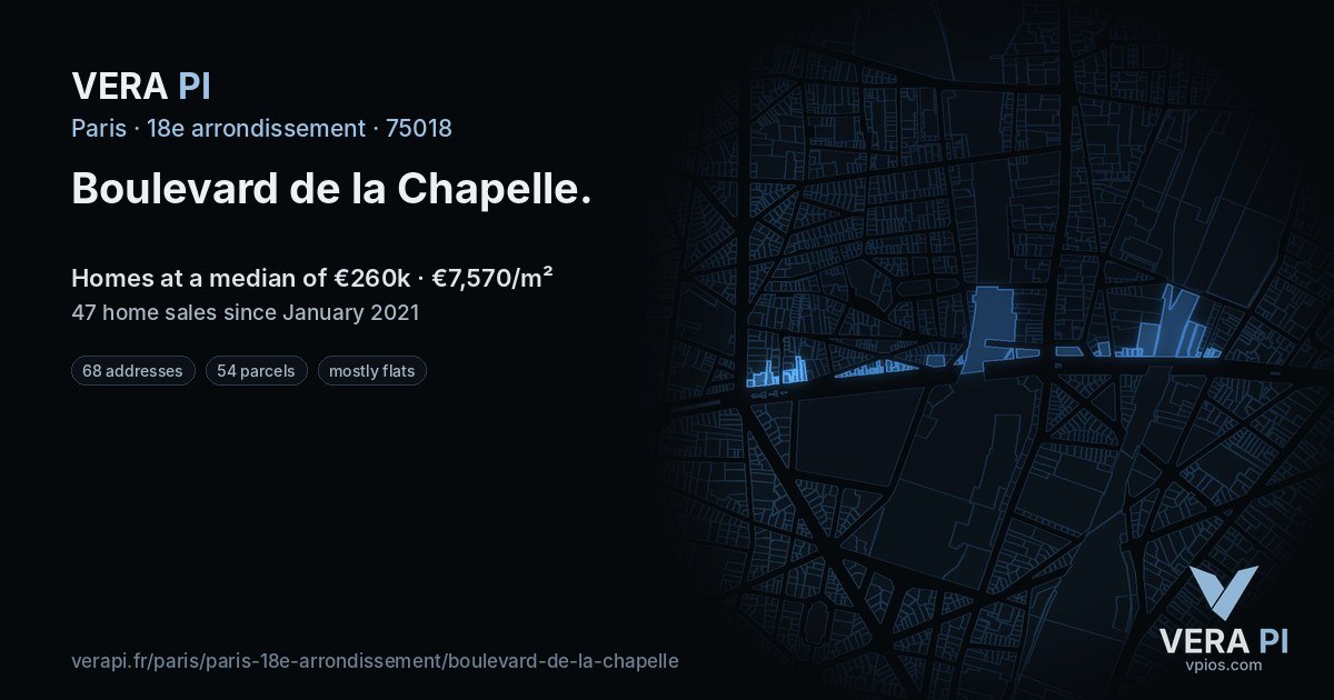 Boulevard de la Chapelle, 18e arrondissement at night – every parcel coloured by the prices around it, the street's own parcels lit