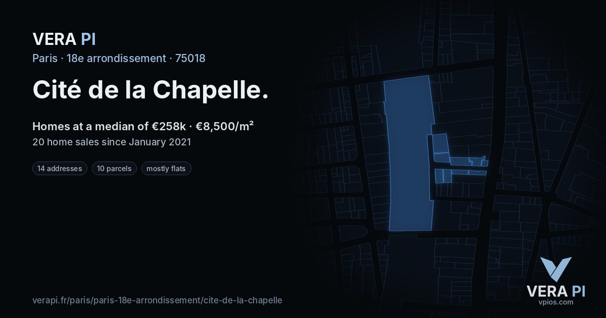Cité de la Chapelle, 18e arrondissement at night – every parcel coloured by the prices around it, the street's own parcels lit