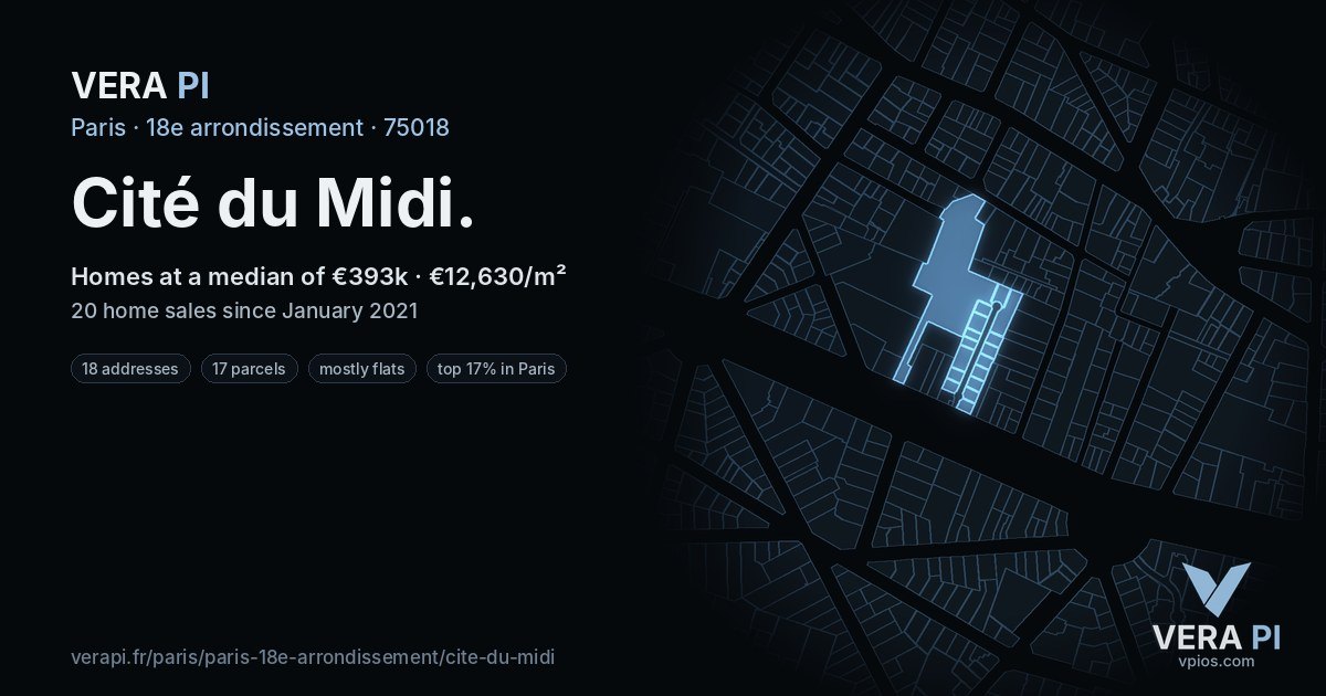 Cité du Midi, 18e arrondissement at night – every parcel coloured by the prices around it, the street's own parcels lit