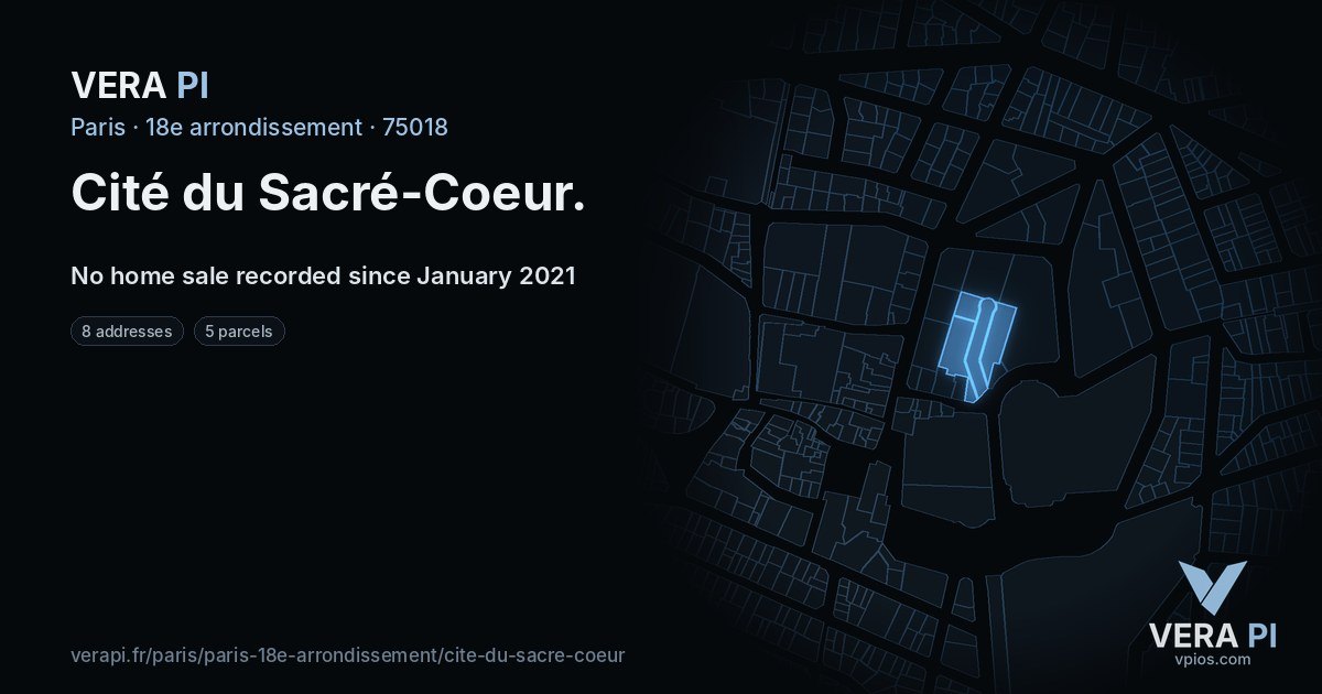 Cité du Sacré-Coeur, 18e arrondissement at night – every parcel coloured by the prices around it, the street's own parcels lit