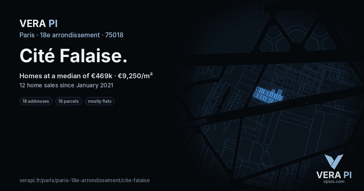 Cité Falaise, 18e arrondissement at night – every parcel coloured by the prices around it, the street's own parcels lit