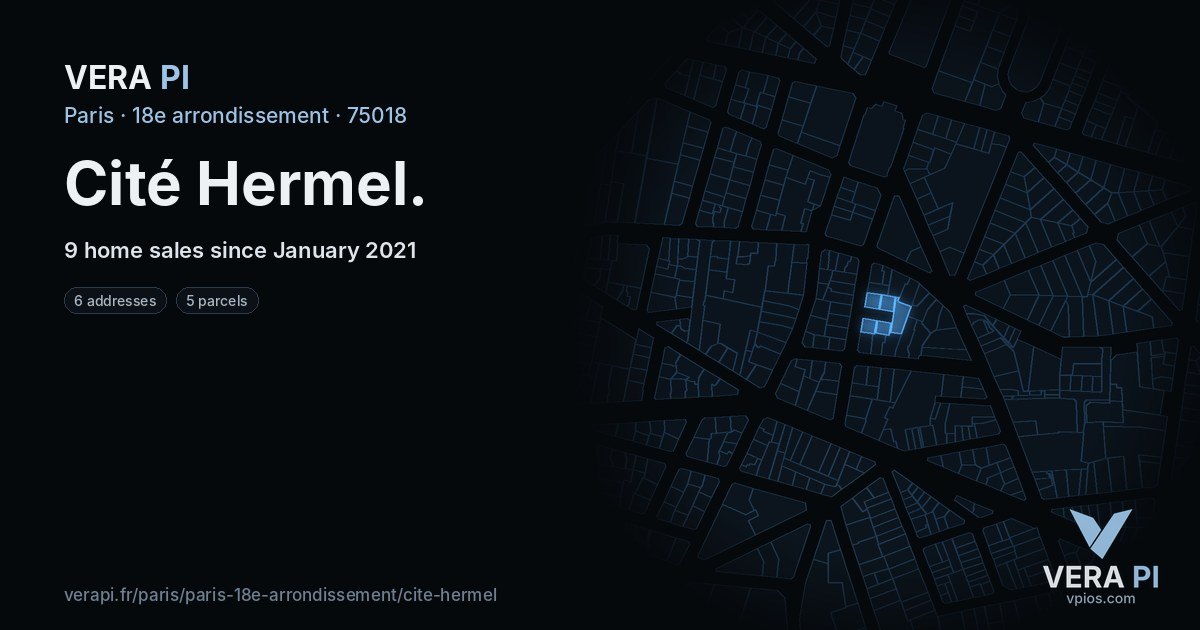 Cité Hermel, 18e arrondissement at night – every parcel coloured by the prices around it, the street's own parcels lit