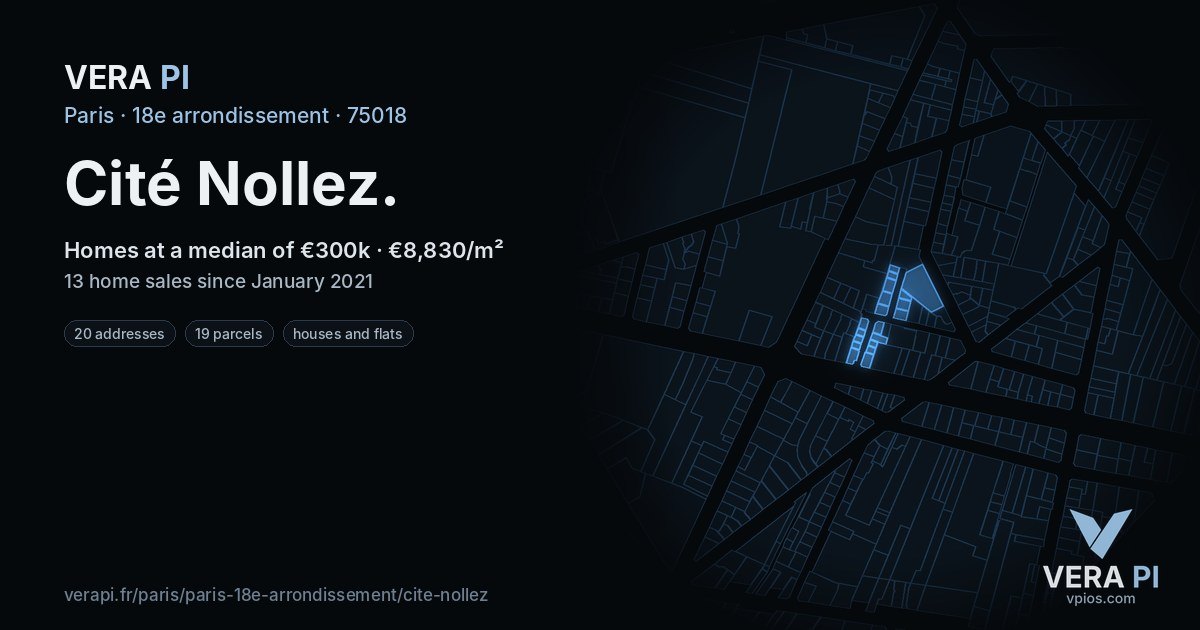 Cité Nollez, 18e arrondissement at night – every parcel coloured by the prices around it, the street's own parcels lit