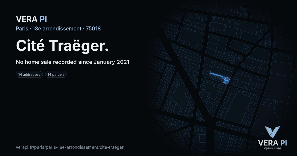 Cité Traëger, 18e arrondissement at night – every parcel coloured by the prices around it, the street's own parcels lit