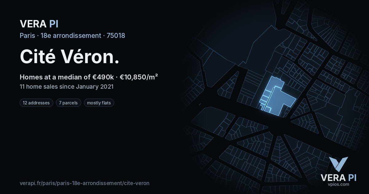 Cité Véron, 18e arrondissement at night – every parcel coloured by the prices around it, the street's own parcels lit