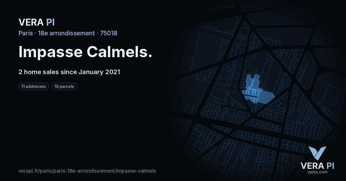 Impasse Calmels, 18e arrondissement at night – every parcel coloured by the prices around it, the street's own parcels lit