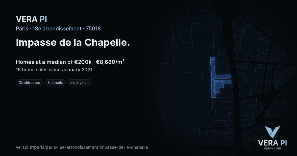 Impasse de la Chapelle, 18e arrondissement at night – every parcel coloured by the prices around it, the street's own parcels lit