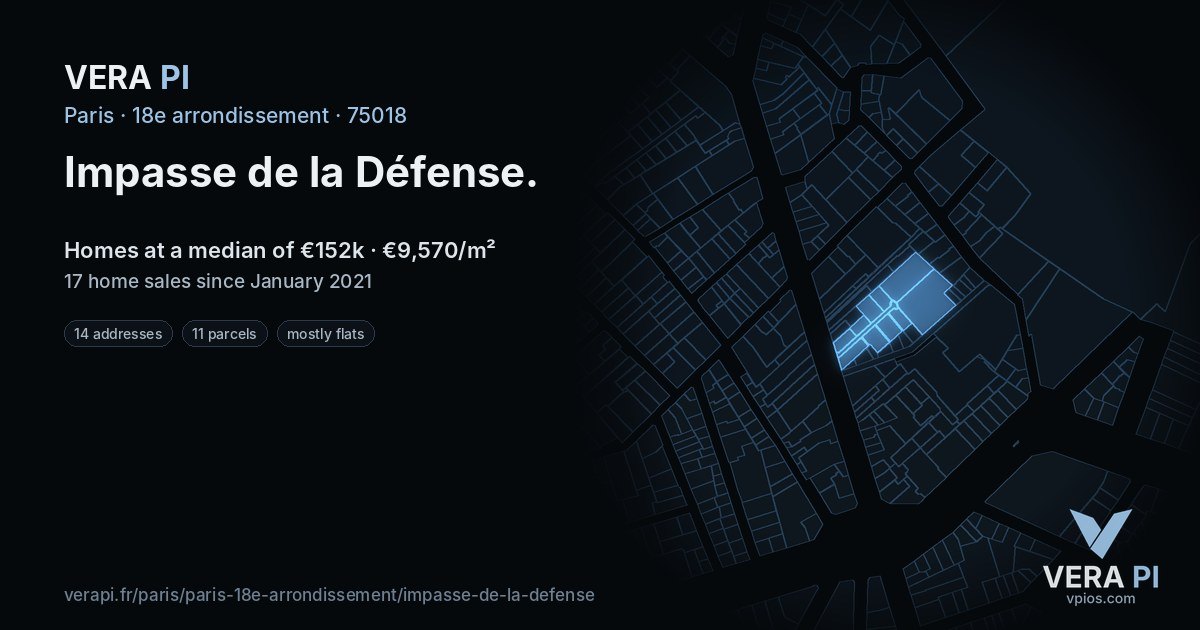 Impasse de la Défense, 18e arrondissement at night – every parcel coloured by the prices around it, the street's own parcels lit