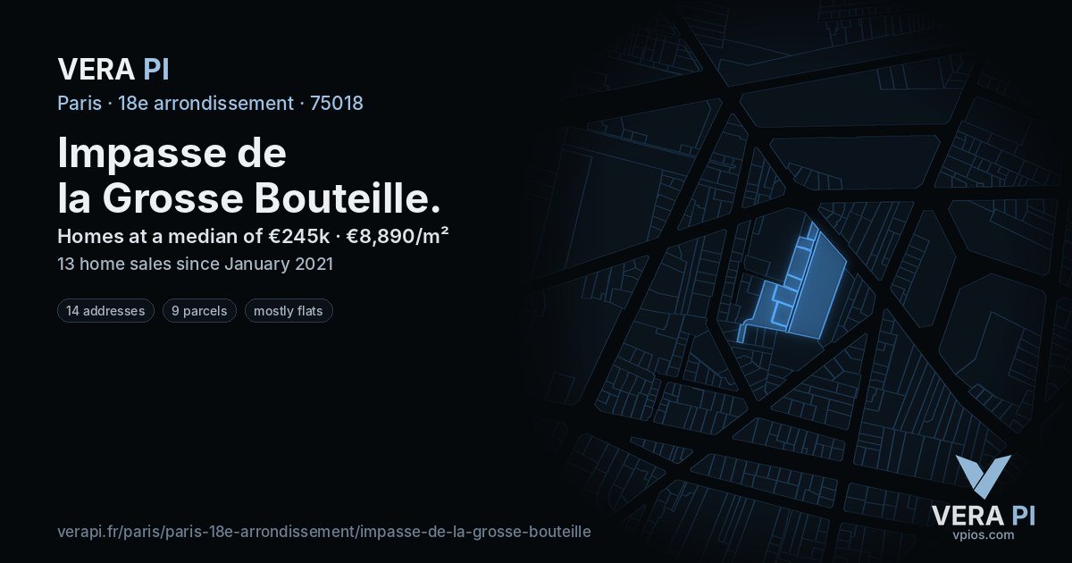 Impasse de la Grosse Bouteille, 18e arrondissement at night – every parcel coloured by the prices around it, the street's own parcels lit
