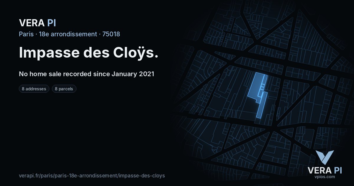 Impasse des Cloÿs, 18e arrondissement at night – every parcel coloured by the prices around it, the street's own parcels lit