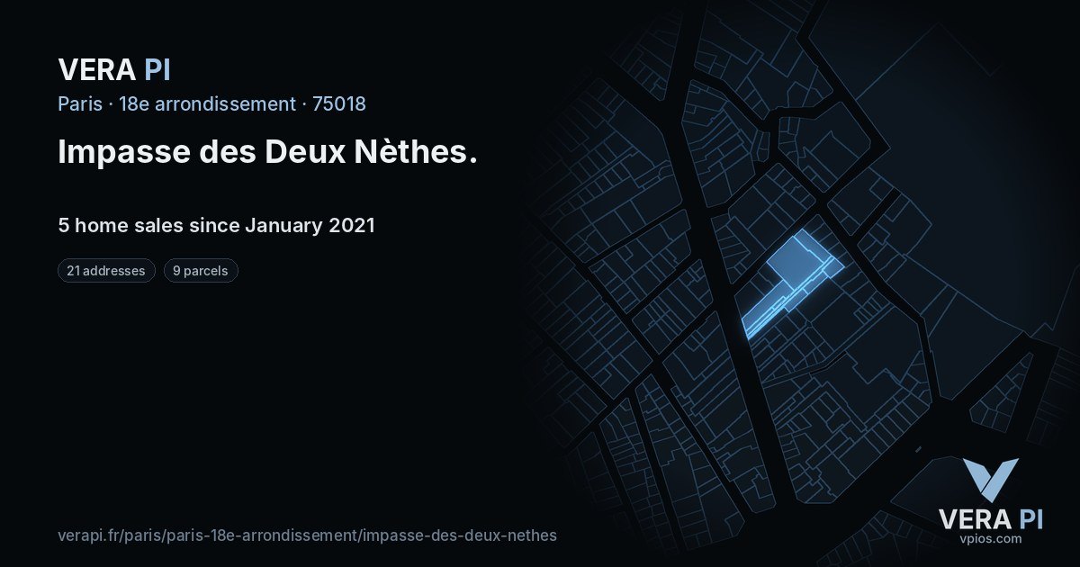 Impasse des Deux Nèthes, 18e arrondissement at night – every parcel coloured by the prices around it, the street's own parcels lit