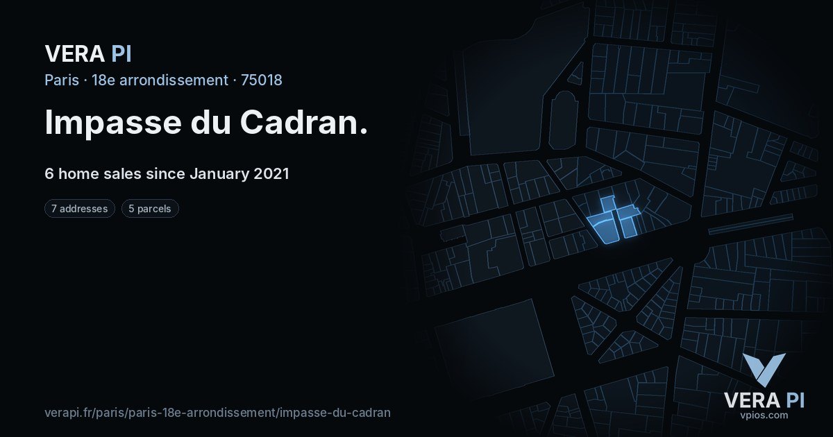 Impasse du Cadran, 18e arrondissement at night – every parcel coloured by the prices around it, the street's own parcels lit