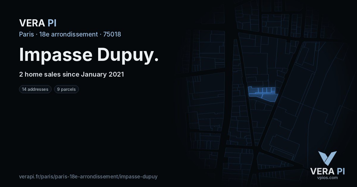 Impasse Dupuy, 18e arrondissement at night – every parcel coloured by the prices around it, the street's own parcels lit