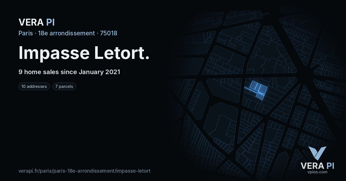 Impasse Letort, 18e arrondissement at night – every parcel coloured by the prices around it, the street's own parcels lit