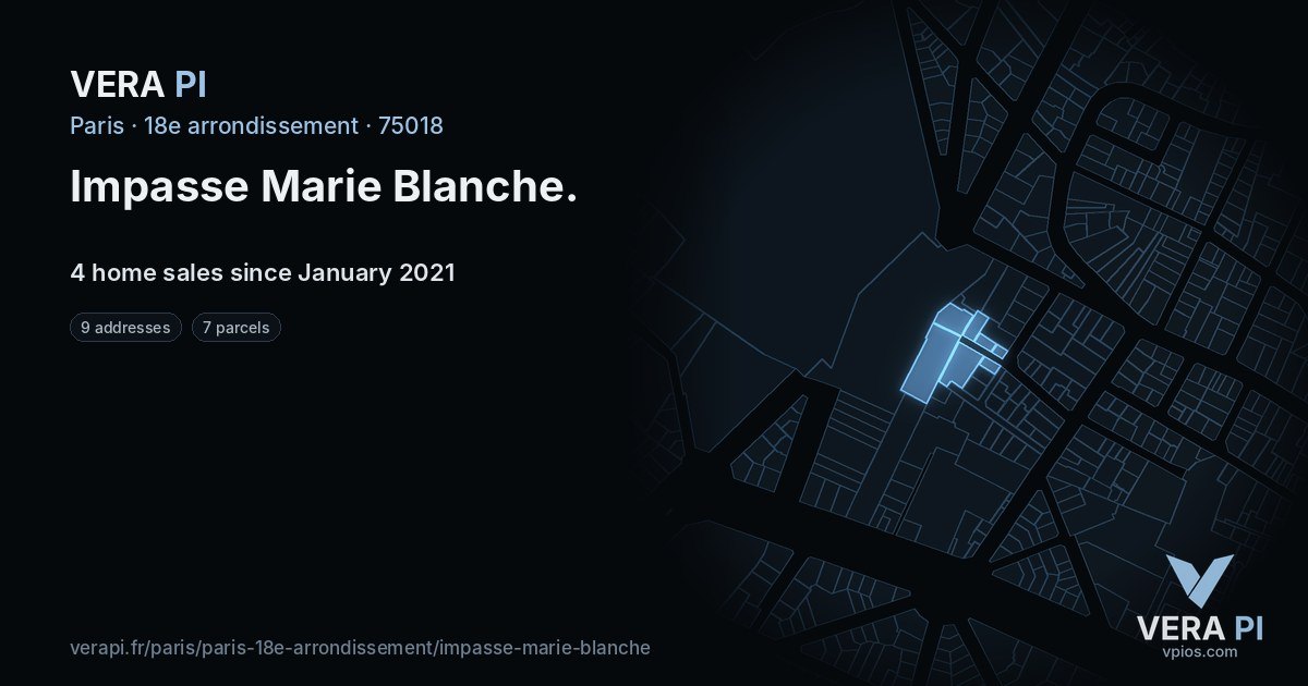 Impasse Marie Blanche, 18e arrondissement at night – every parcel coloured by the prices around it, the street's own parcels lit