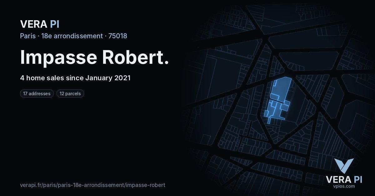 Impasse Robert, 18e arrondissement at night – every parcel coloured by the prices around it, the street's own parcels lit