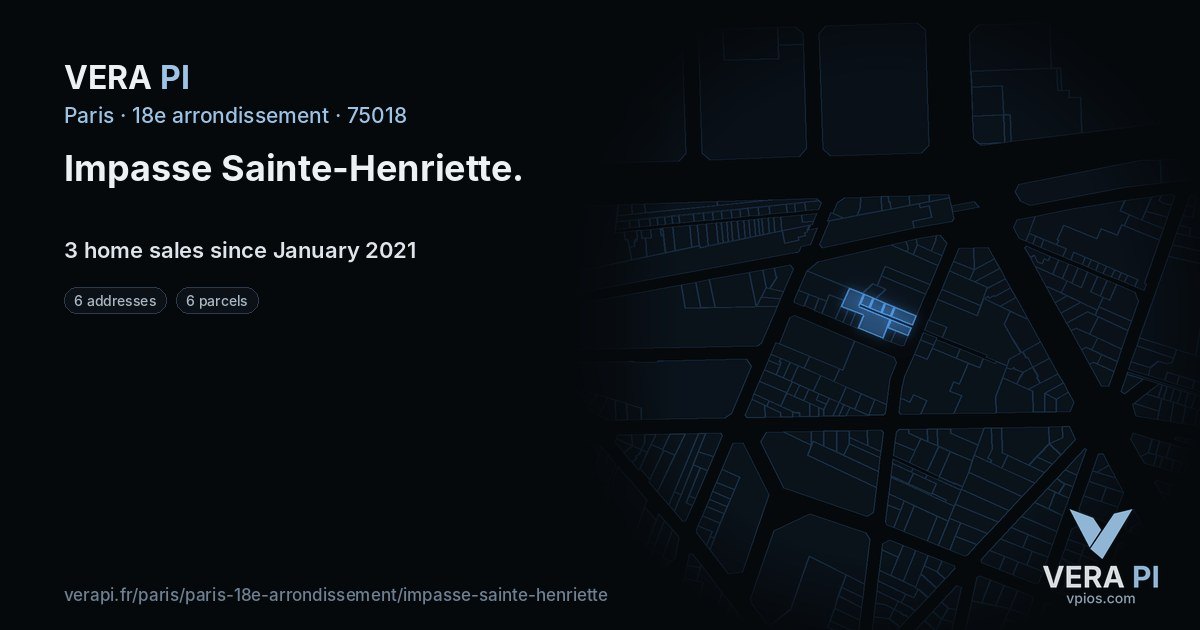 Impasse Sainte-Henriette, 18e arrondissement at night – every parcel coloured by the prices around it, the street's own parcels lit