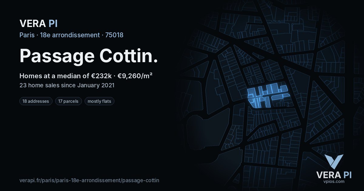 Passage Cottin, 18e arrondissement at night – every parcel coloured by the prices around it, the street's own parcels lit