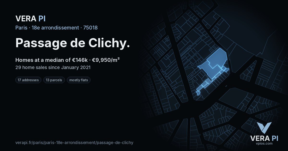 Passage de Clichy, 18e arrondissement at night – every parcel coloured by the prices around it, the street's own parcels lit