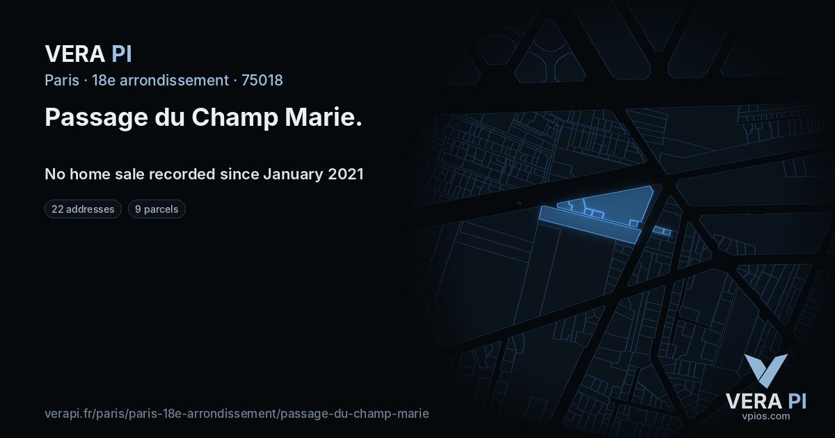 Passage du Champ Marie, 18e arrondissement at night – every parcel coloured by the prices around it, the street's own parcels lit