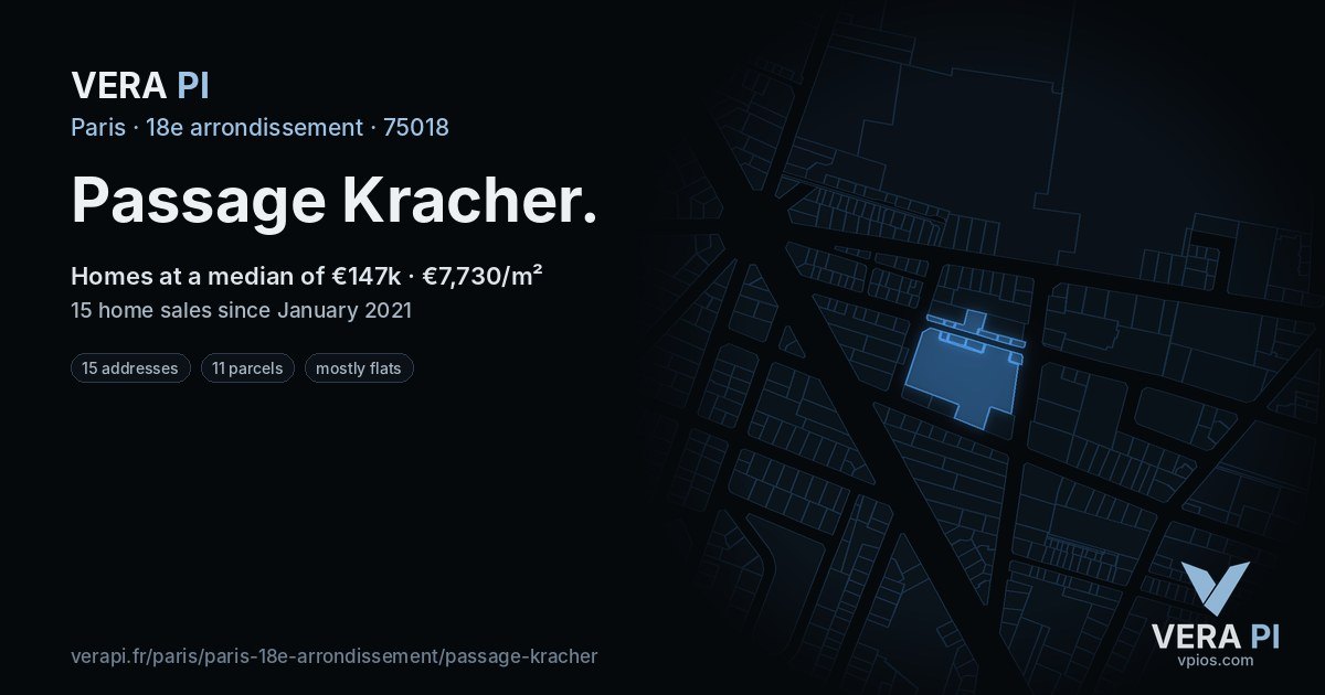 Passage Kracher, 18e arrondissement at night – every parcel coloured by the prices around it, the street's own parcels lit