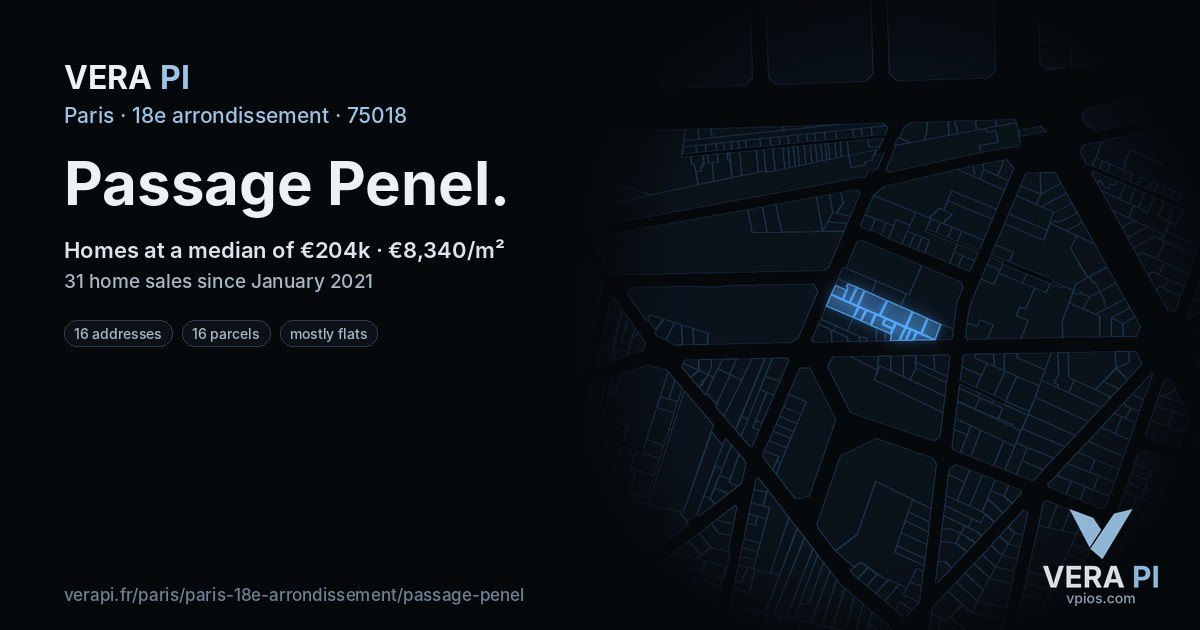 Passage Penel, 18e arrondissement at night – every parcel coloured by the prices around it, the street's own parcels lit