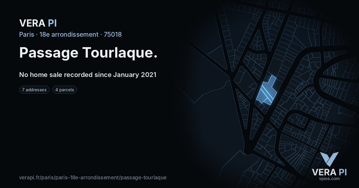 Passage Tourlaque, 18e arrondissement at night – every parcel coloured by the prices around it, the street's own parcels lit