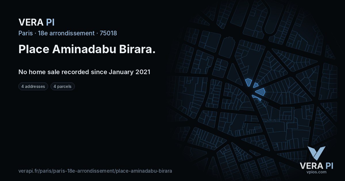 Place Aminadabu Birara, 18e arrondissement at night – every parcel coloured by the prices around it, the street's own parcels lit