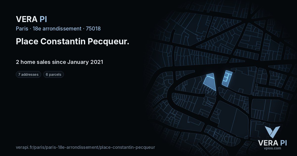 Place Constantin Pecqueur, 18e arrondissement at night – every parcel coloured by the prices around it, the street's own parcels lit