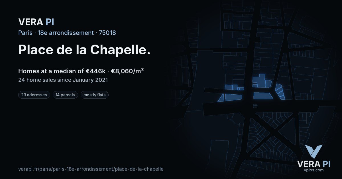 Place de la Chapelle, 18e arrondissement at night – every parcel coloured by the prices around it, the street's own parcels lit