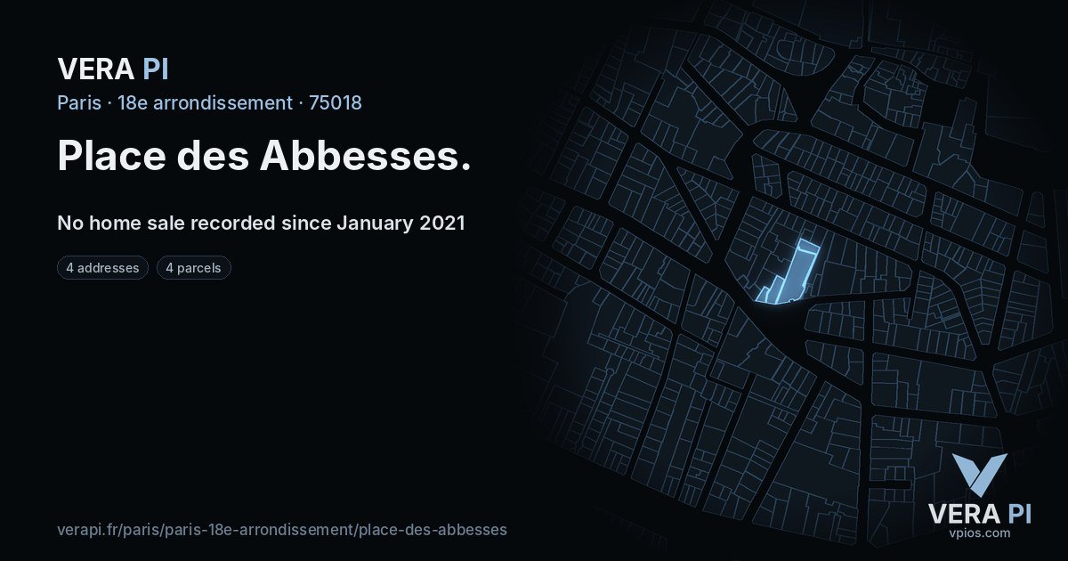 Place des Abbesses, 18e arrondissement at night – every parcel coloured by the prices around it, the street's own parcels lit